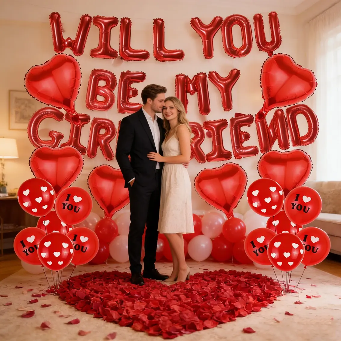 Will You Be My Girlfriend Balloon Set, Heart Rose Petals, Couple Date Scene Decoration, Balloon Decorations, Romantic Proposal Setup, Wedding Balloons, Heart Shaped Balloons, Love Party Kit