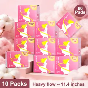 Zhuyinlife Organic Cotton Menstrual Pads 60ct | 10 Packs, 11.4 Inch Overnight Use, 8HR Odor Control, Leakproof, Super Absorbent Unscented, Heavy Flow Night Use