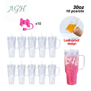 AGH US [New Arrived] 10pcs 30oz Leak-Proof Snow Globe Handle Tumbler with Clear Lid for DIY Glitter Gift