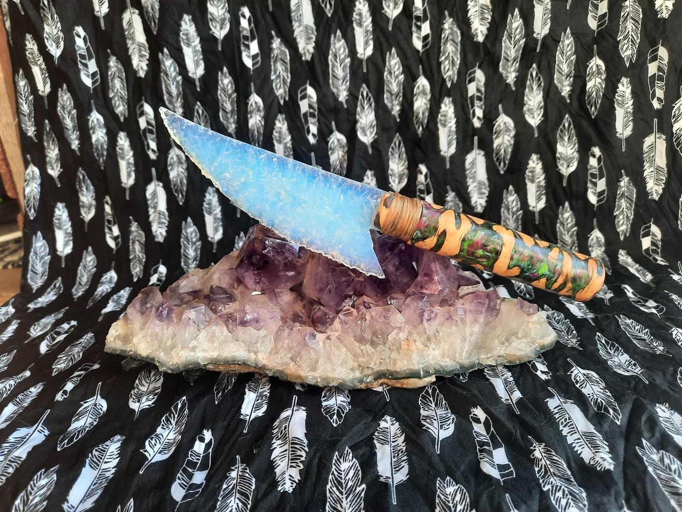 10 Inches Opalized Glass Blade Knife with Cholla Cactus Wood and Acrylic Custom Handle - Kitchen Utensil & Gadget - Knives, Wooden