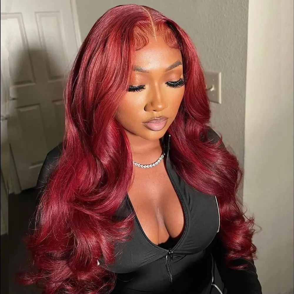 99J Burgundy Body Wave Human Hair 13x6 Lace Front wigs for Women with 180% Density Pre-Plucked Burgundy Body Wave wigs Human Hair Natural Looking Wig Frontal Lace Bold Style