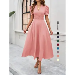 Women's Plain Ruched Puff Sleeve V Neck A Line Dress, Elegant Short Sleeve Zipper Back Long Dress for Party Holiday Wedding Guest, Ladies Clothes for Summer, Chic Shortsleeve Womenswear