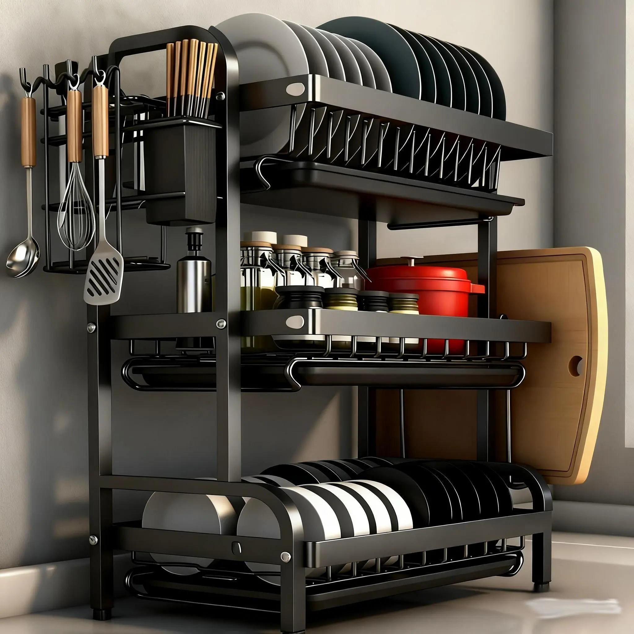 3 Tier Kitchen Storage Rack with Dish Drying Shelf, Utensil Holder, Cutting Board Rack and Spice Organizer for Countertop stainless cocina space-saving