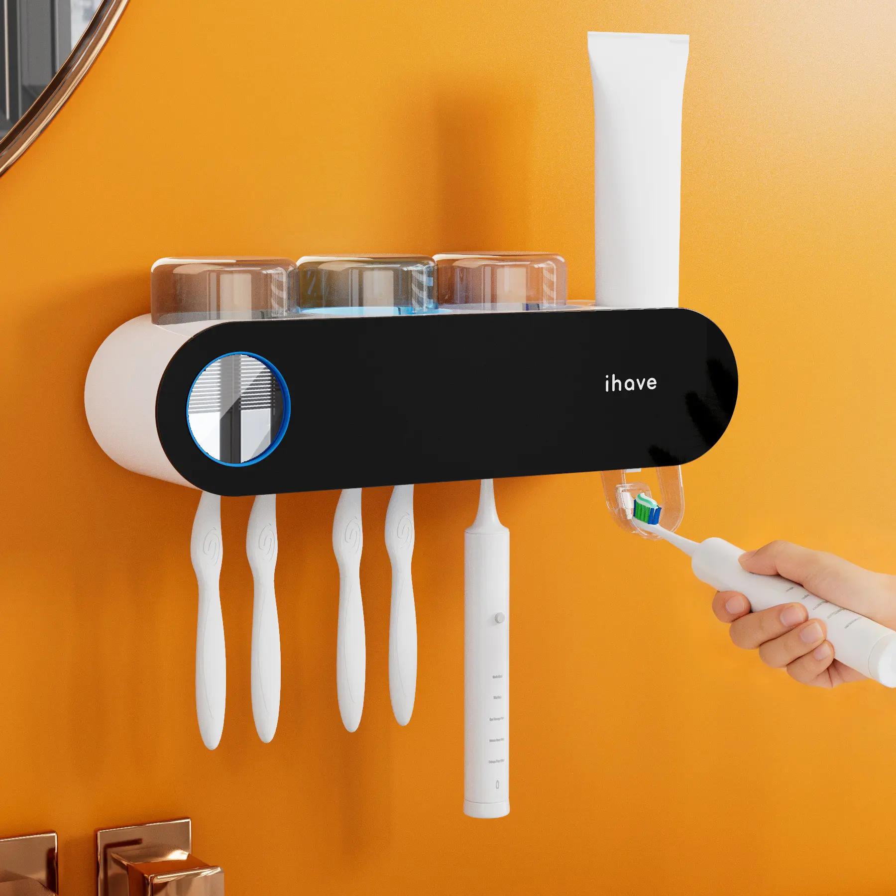 iHave Toothbrush Sanitizer and Holder - UV Toothbrush Holders for Bathrooms with Toothpaste Dispenser, Smart Toothbrush Holder for Wall, Toothbrush Organizer & Toothbrush Sanitizer and Holder with Breathing Light – Perfect Bathroom Home Essentials - A
