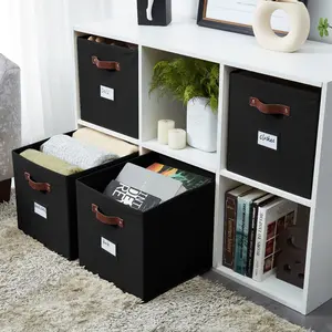 Storage Baskets 4-Pack, 13x15x13 Inch Cube Bins with Labels for Shelves Organizing, Closet,  Book, Clothes & Toy Storage Box (Large size, black）
