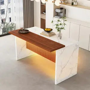 63" Modern Kitchen Island with Marble-Look Surface, LED Lights & Grille Design for Dining Room, Living Room, White(Island Only)