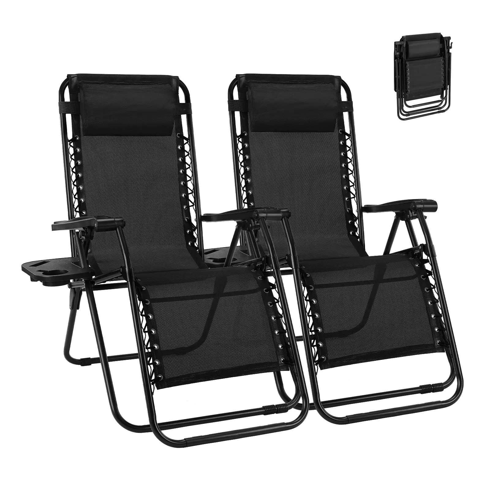 Zero Gravity Chairs, Set of 2 Portable Recliner Beach Camping Patio Outdoor Folding Lounge Chair with Cup Holder Trays and Adjustable Pillow