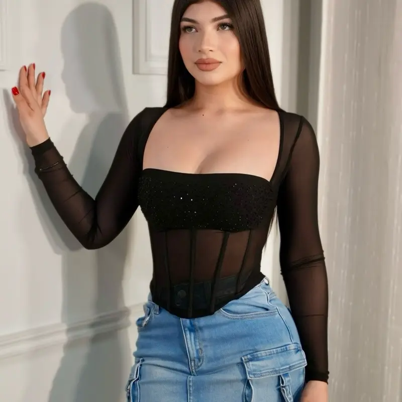 Sequin corset long sleeve top