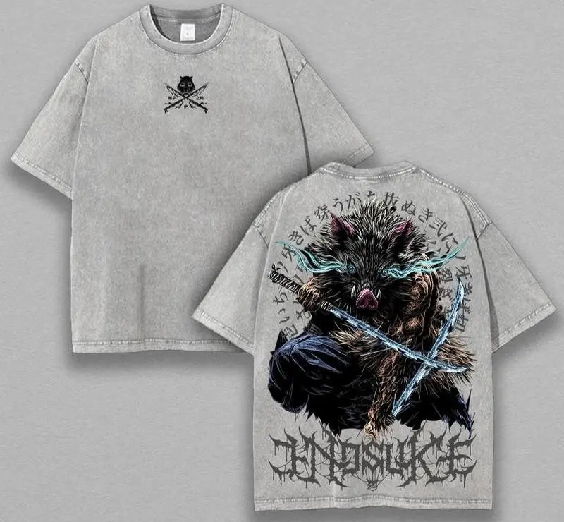 Demon Slayer Mens Washed Tee, Inosuke Hashibira Printed Kaos Short Sleeve