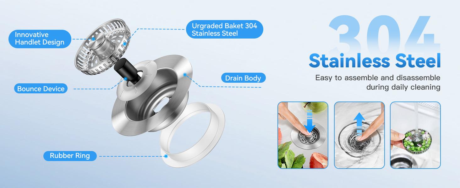 3-in-1 Kitchen Sink Drain Strainer, Stainless Steel Sink Plug, Deodorizing Anti-Clog Basket Strainer for US Standard 3-1/2 Inch Drains （1）