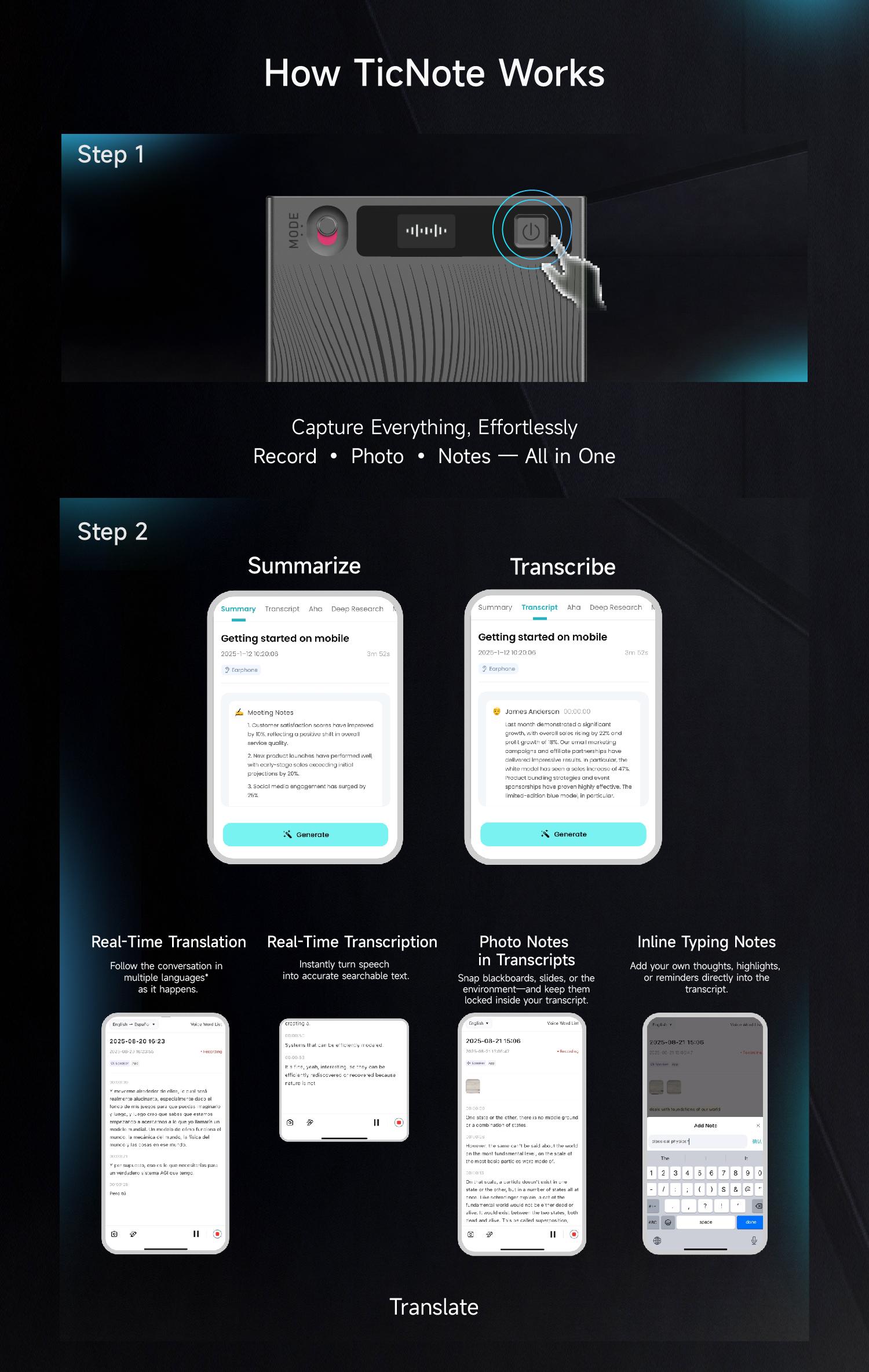 Mobvoi TicNote Agentic AI Notetaker Translator Voice Recorder 64GB Memory Note Recorder 120+ languages with Speaker ID Real-time Transcription and Translation AI Podcast Deep Research Content Creation for Phone Call Lectures Meetings Interviews