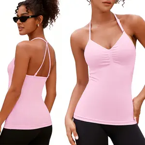 V FOR CITY SoftHue Impact Longline Halte Strappy Top Women's Halter Workout Tank Tops Backless Gym Longline with Adjustable Strap