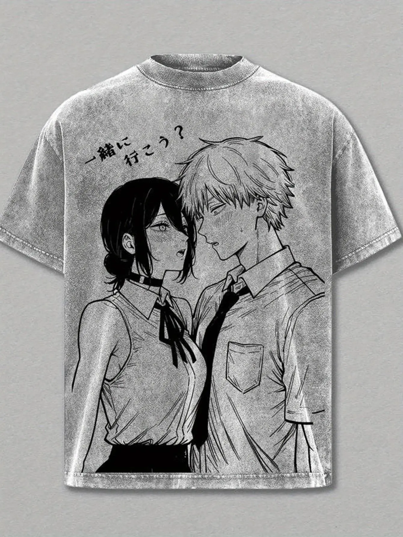 Men's washed street brand urban style 100% pure cotton T-shirt animation couple printing Japanese casual daily wear front and rear printing retro heavy tee perfect gift loose and comfortable breathable machine washable fabric hip hop cool style