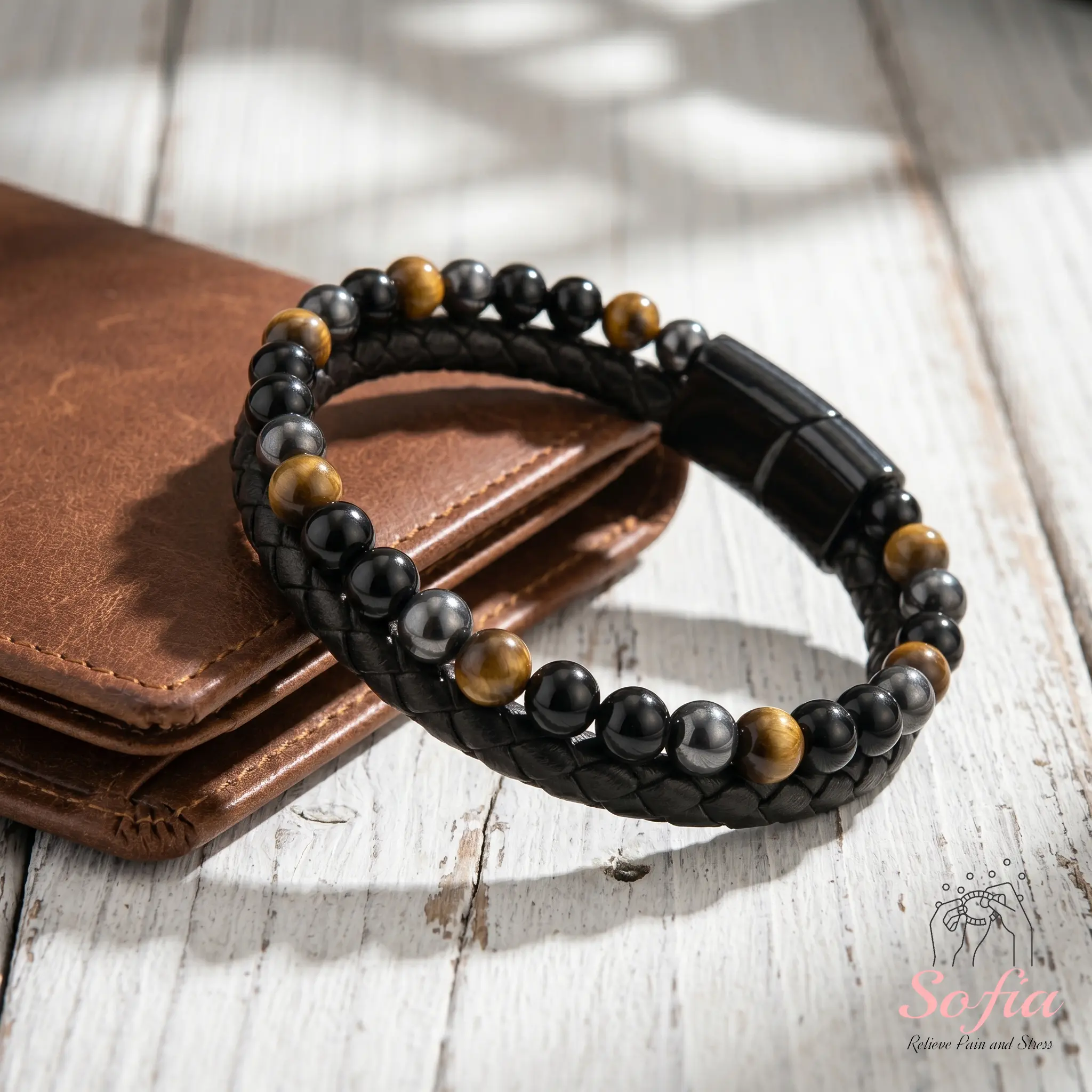 Sofia Ultra Protection Bracelet - Multilayered Leather Bracelet - Natural Black Onyx Obsidian Tigers Eye Hematite Beads, Magnetic Closure, 8 inches