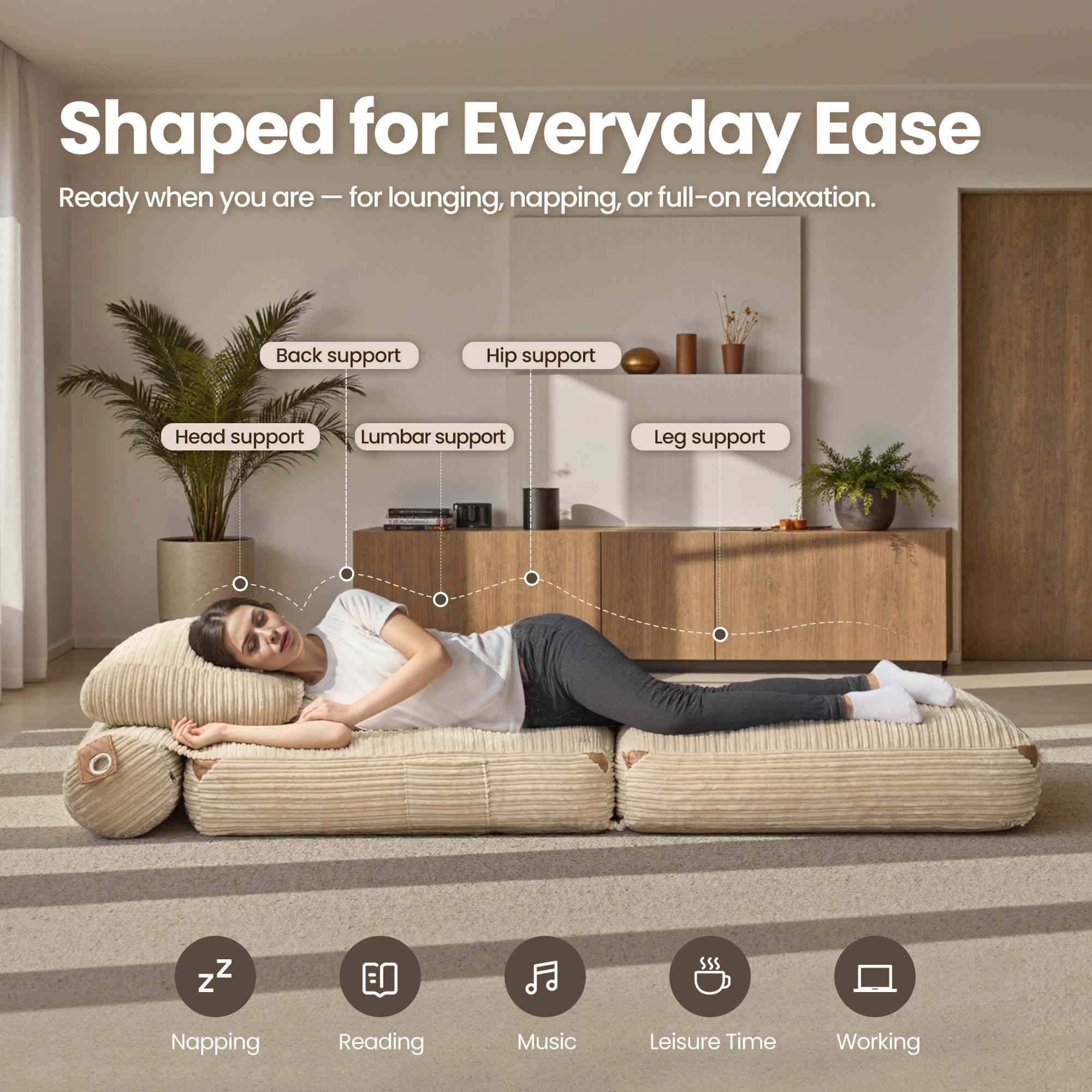 【Stock Up Sale】Ovios Convertible 3 in 1 Folding Sofa Bed 36" W Boneless Chaise Lounge with Pillow & Lumbar Support for Living Room & Bedroom - No Assembly Required