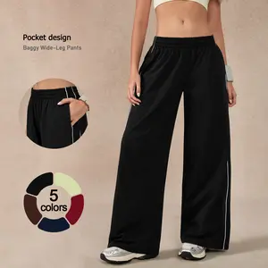 TimeOFF Women's Baggy Wide-Leg Pants – Pocket Design, Elastic Waist & Side Trim for Securely Holding Small Items & Comfortable Relaxed Fit, Ideal for Daily Wear, Casual Outings & Post-Yoga Lounging