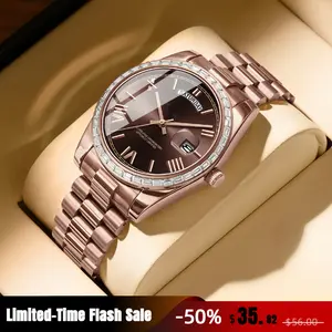 Luxury Men’s Business Fashion Watch, Sparkling Crystal-Set Bezel Design, Stainless Steel Bracelet, Classic Day-Date Quartz Wristwatch, Elegant High-End Affordable Luxury Gift