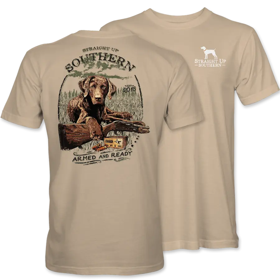 Men's "Ready to Hunt" Labrador Digital Print Graphic T-Shirt - Short-Sleeve, Dark Heather, Classic Fit, Streetwear Casual Cotton Round Neck Tops, All Sizes, for Outdoor Wear