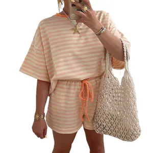 Mntaor Women's Pink Striped Contrast Neck Loose Tee & Drawstring Shorts Set Relaxed Fit for Beach Days Summer Vacations & Casual Weekend Outfits - Clothes, Womenswear