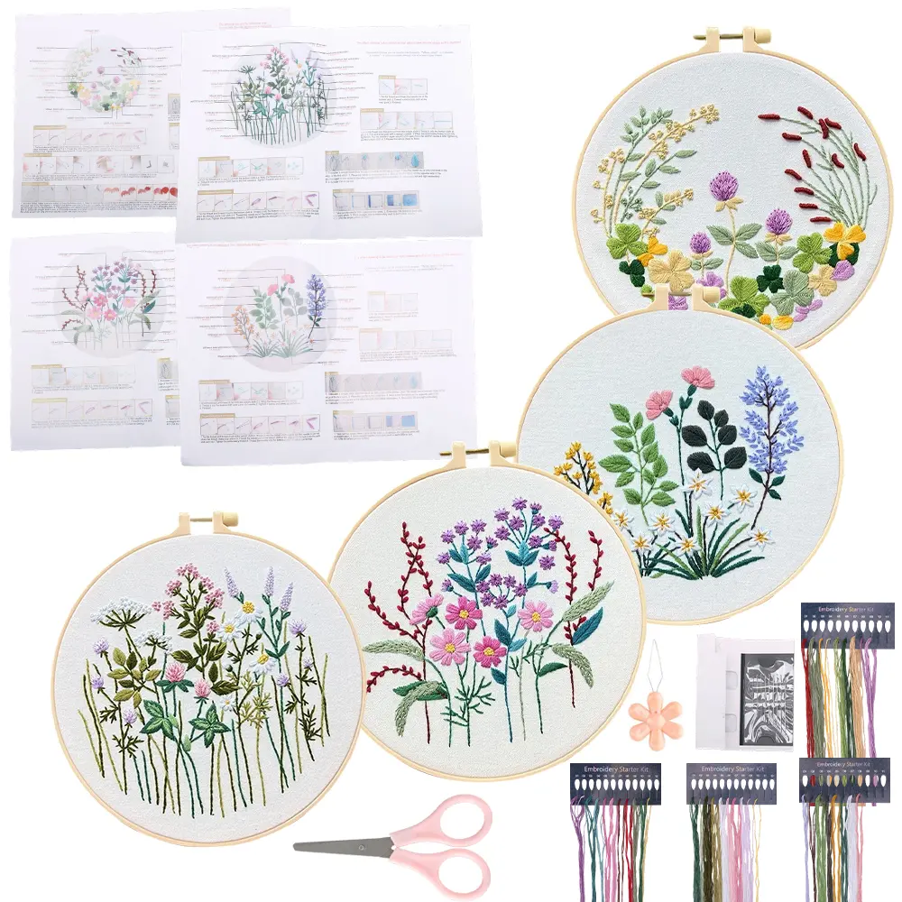 4 Sets Embroidery Kit for Beginners with Stamped Flower Pattern Starter Kits for Adults Hand Craft Lover with Embroidery Hoop Instructions and Threads,summerwins