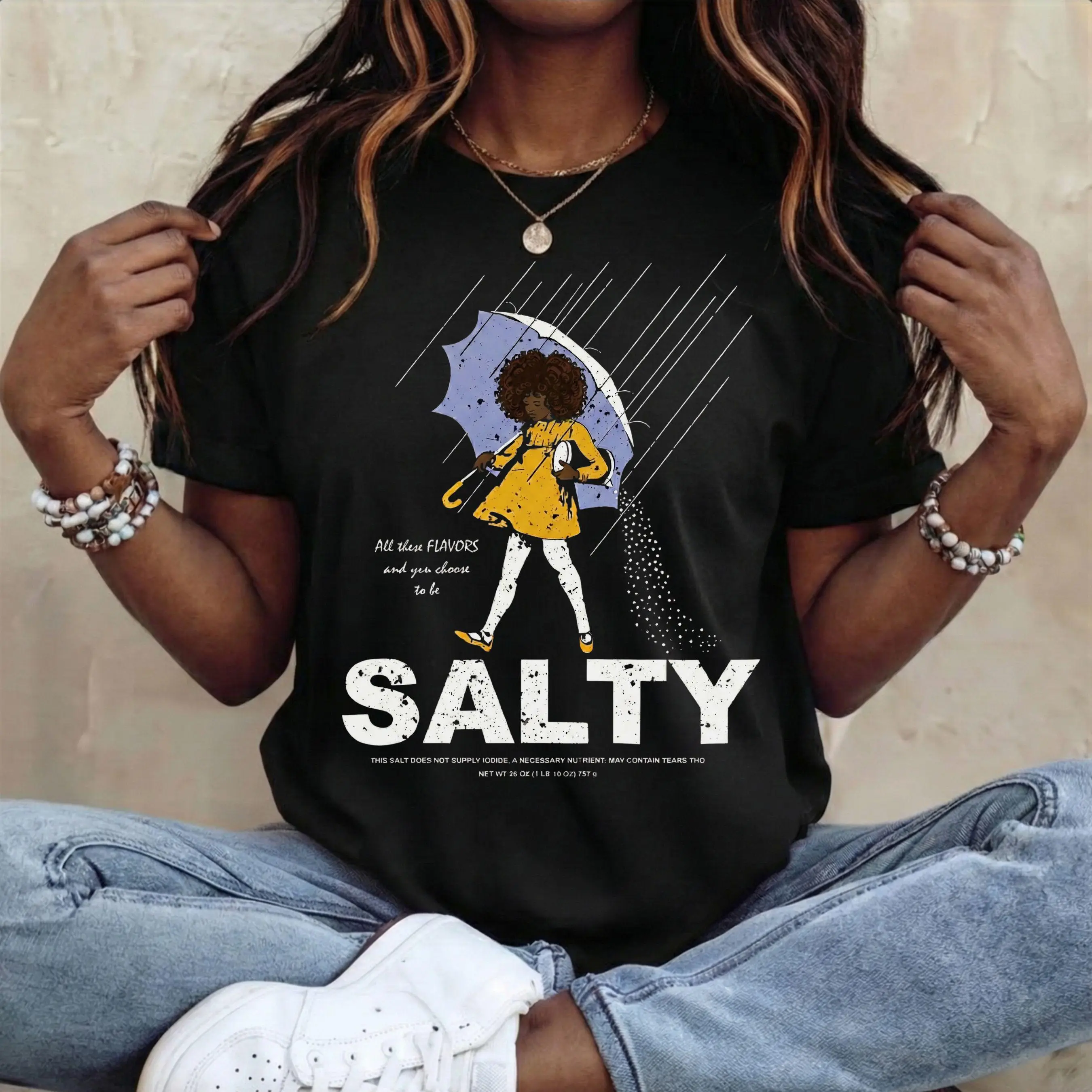 Salty Girl Umbrella T-Shirt for Women, Sarcastic Funny Graphic Tee, Casual Cotton Classic Fit Shirt for All Seasons, Foldable, Lightweight, Round Neck, Custom Decals Women's T-Shirts, Refer To Size Chart