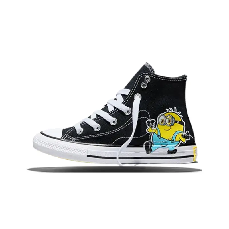 Converse Youth Chuck Taylor All Star x Minions Classic High-Top Canvas Sneaker - Cushioned Foam Insole, Rubber Outsole, Tangled Stitching, Play-Ready Laces, License Plate Detail, Casual Walking Trainer, Perfect Gift Collaboration