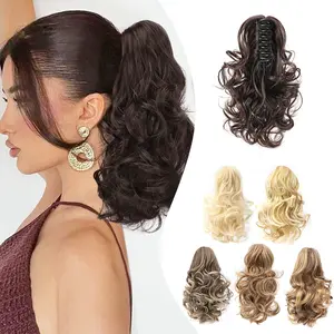 Ponytail Extension 10 inch Drawstring  claw Curly Wavy Ponytail Extensions Clip in Long Pony Tails Hair Cute Synthetic HairPiece for Women Light Brown Mix Ash Highlights