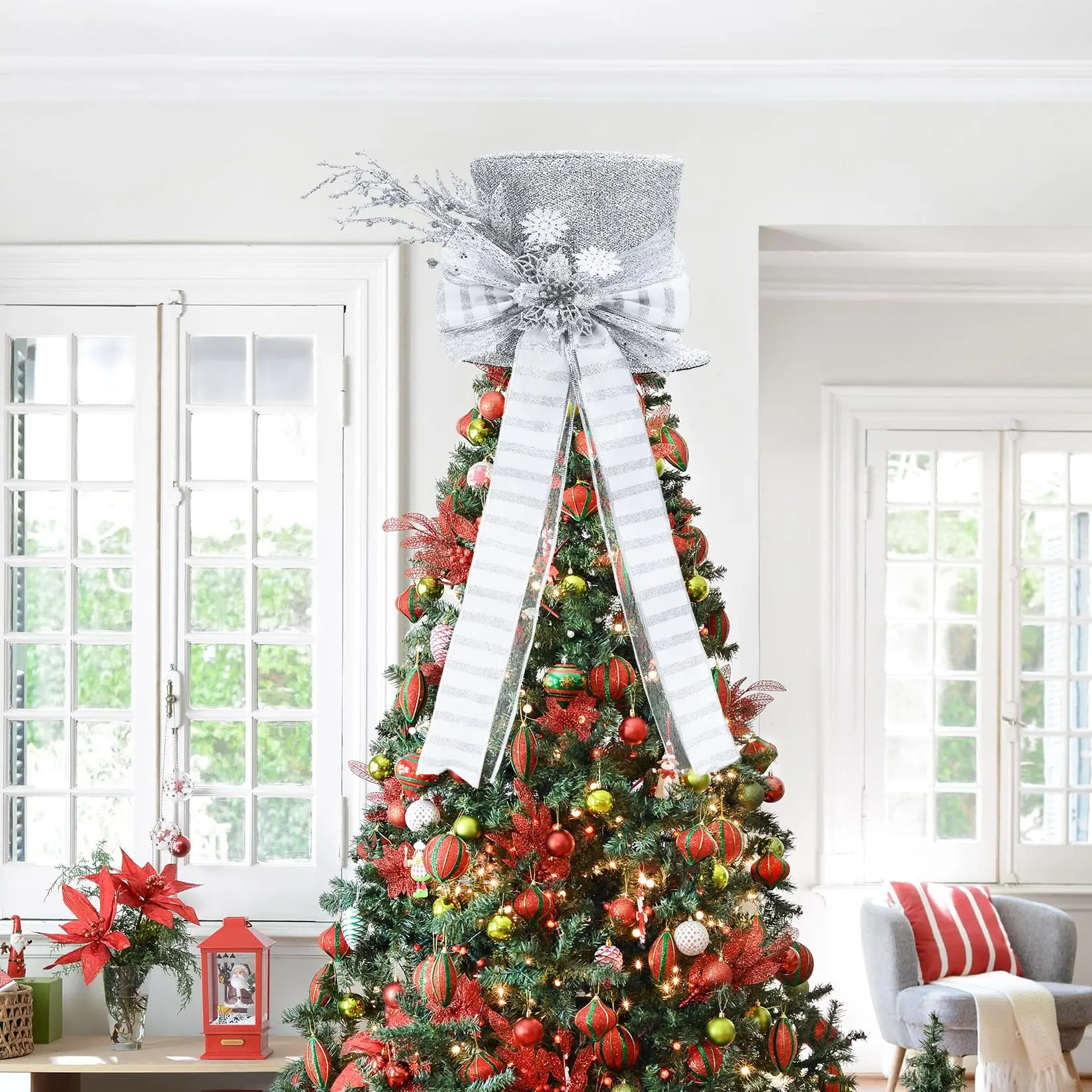 Christmas Tree Silver Topper Bow, Xmas Elegant Sparkling Holiday Decoration with Snowflakes and Decorative Spruce Branch for Holiday Trees, Snowman Displays, Decor
