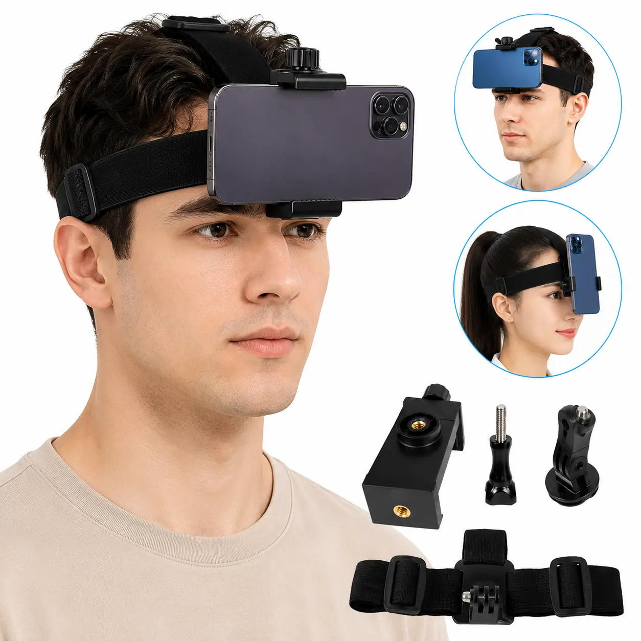 POV Head Mount Phone Holder for iPhone & Android, Adjustable Hands Free Head Strap with 360° Rotation, First Person Smartphone Mount for Cooking, DIY, Travel & Outdoor Activities