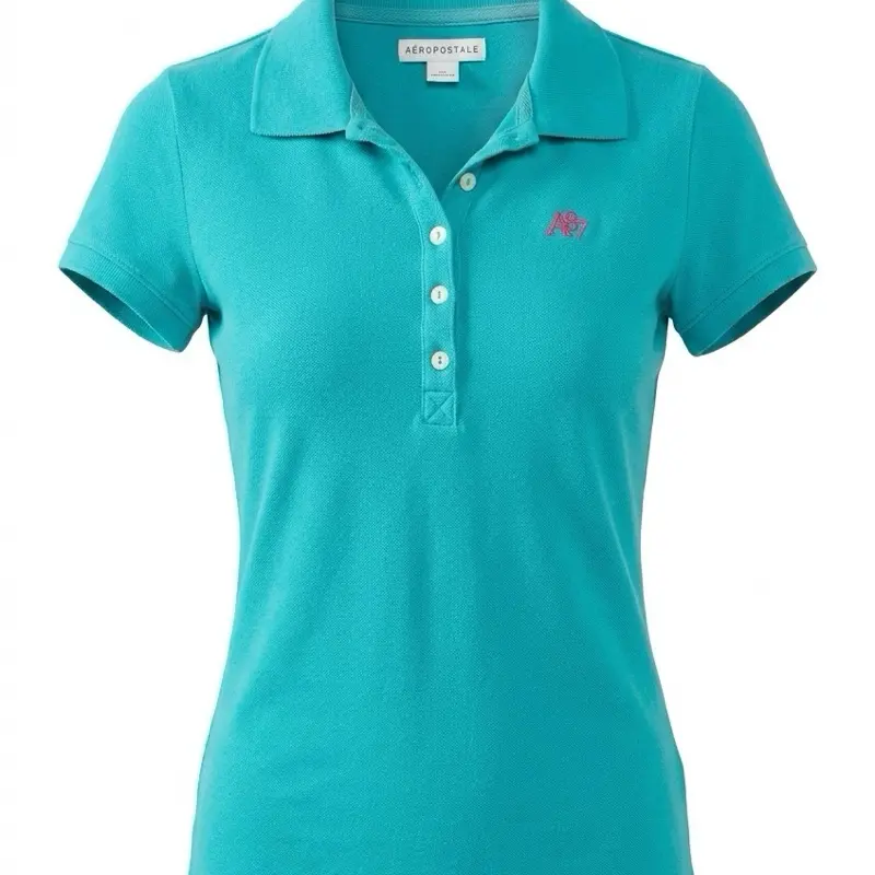 This is a teal Aeropostale A87 pique polo shirt with pink embroidery. Size M