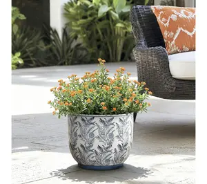 LuxenHome Blue Botanical Floral Ceramic Planter, 15.55" Round