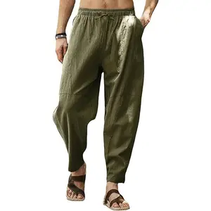 Runcati Mens Linen Harem Pants Casual Loose Fit Beach Drawstring Elastic Waist Yoga Trousers with Pockets