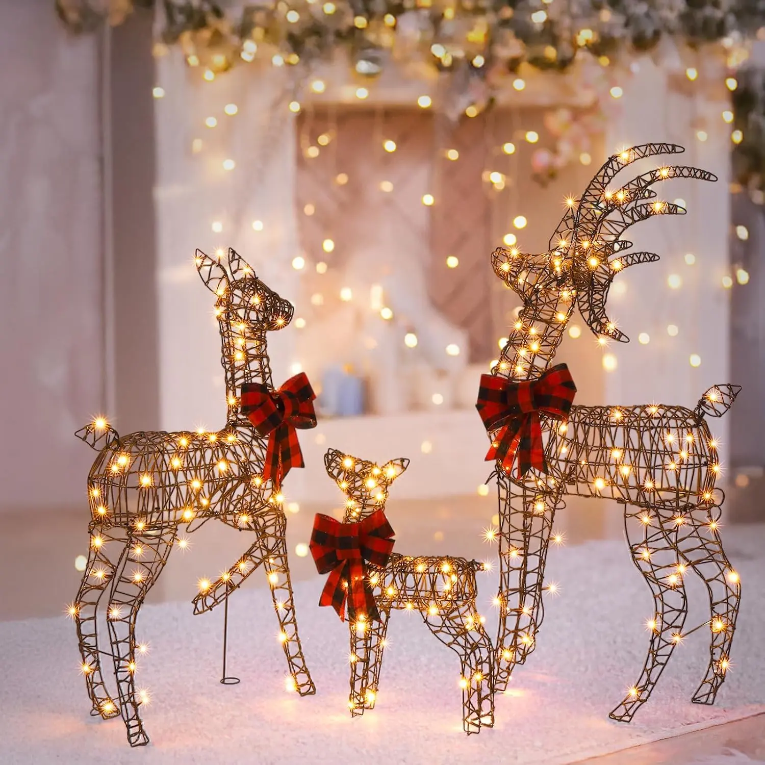Brown Rattan Lighted Christmas Reindeer Family Set - 4FT 3-Piece, 210 Warm White LEDs, Plaid Bow, Rustproof Metal, Weather Resistant, Indoor/Outdoor Yard Decorations Outside, Woodland Scene Accent, Decoration for Yard
