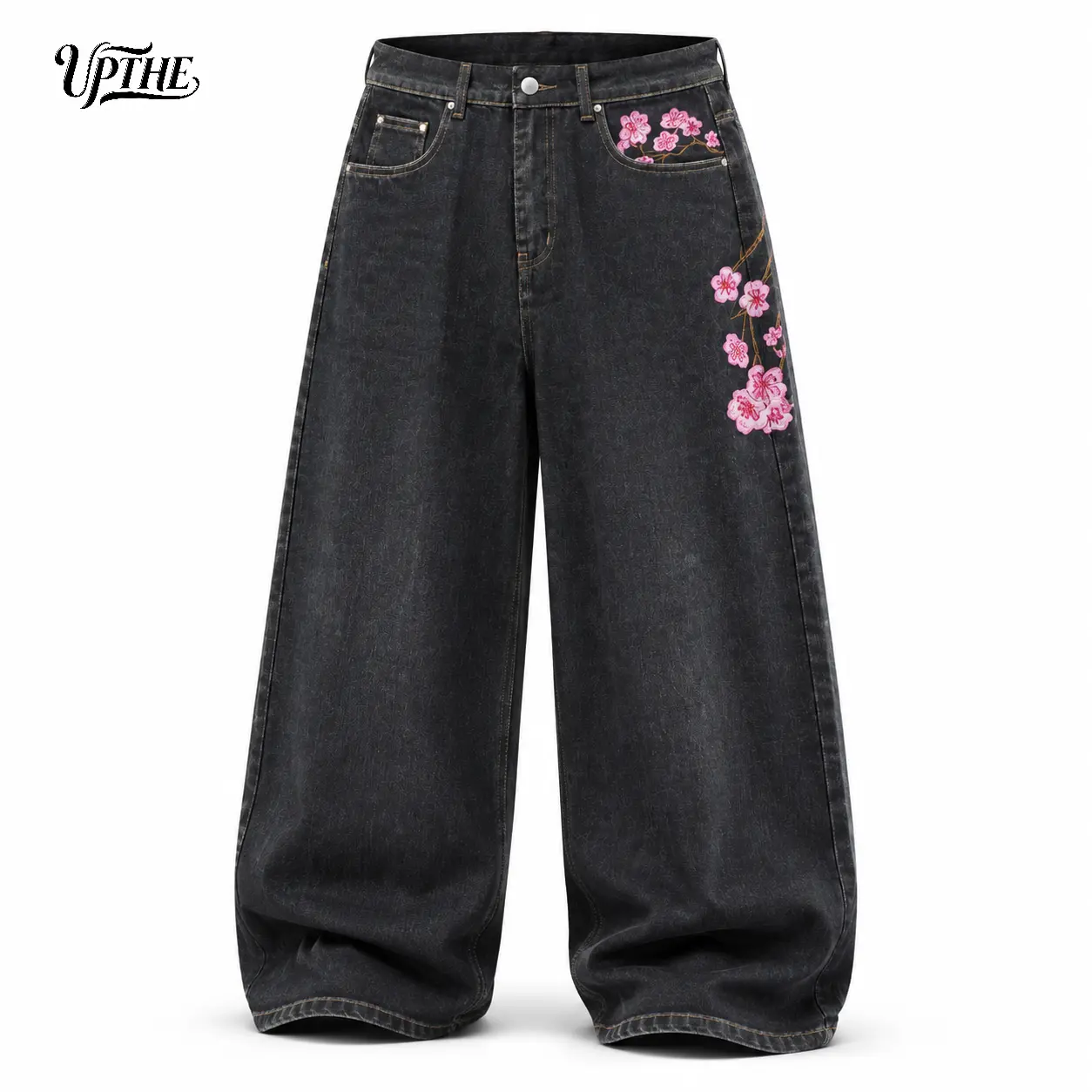 UP.THE Y2K Baggy Jeans Men's Wide Leg Hip Hop Vintage Floral Embroidered  Jeans Classic Quality with Button Detail