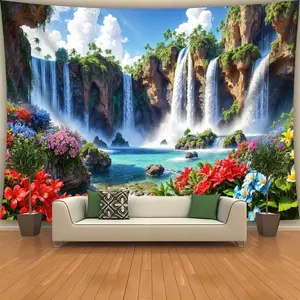 1pc Extra Large Waterfall Landscape Tapestry - Vibrant Polyester Wall Hanging with Lush Greenery, Colorful Flowers & Majestic Waterfalls, Perfect for Living Room, Bedroom, or Dorm Decor, Includes Free Hanging Clips, Waterfall Decor