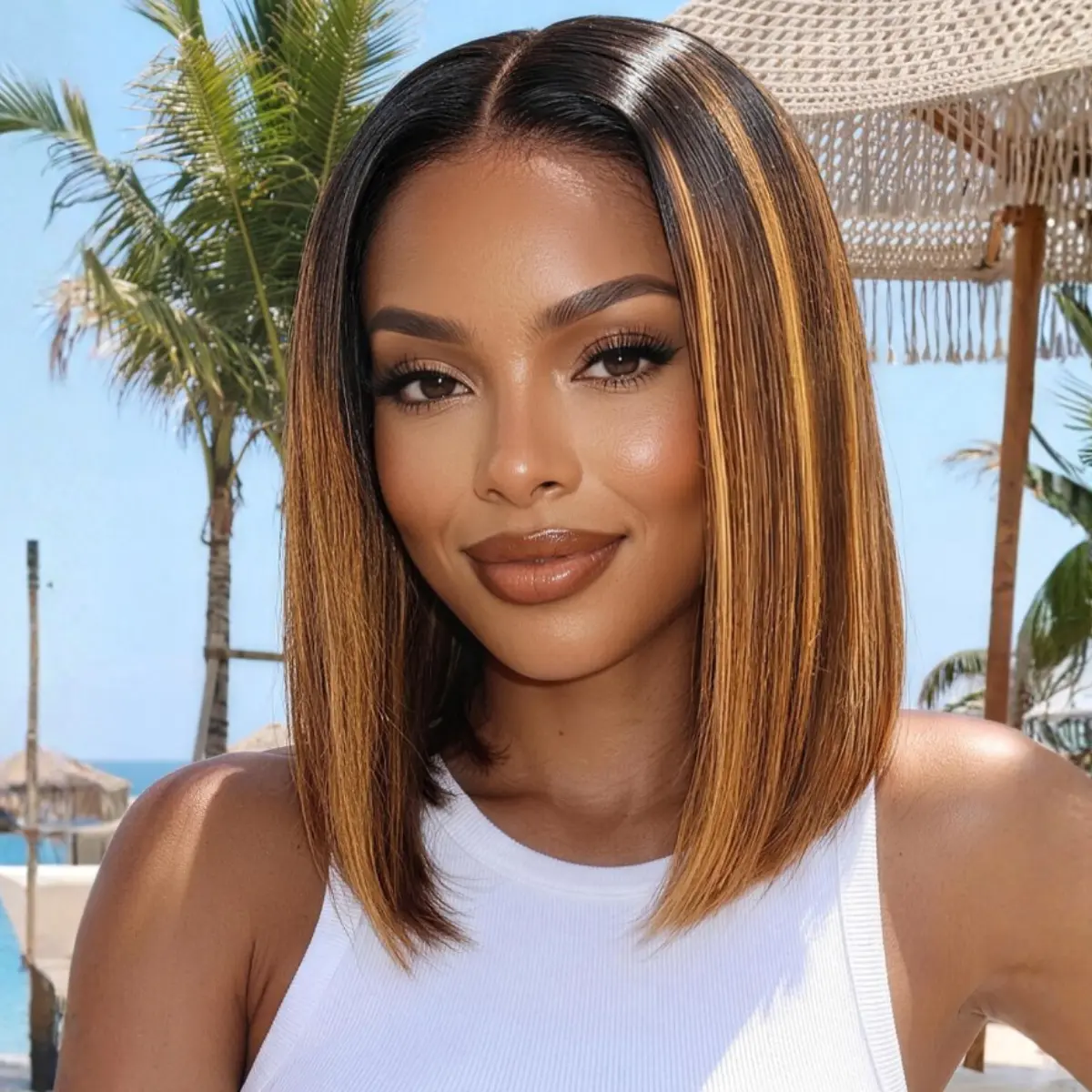 UNice Glueless Piano Highlights Brown Straight Bob Wig with Dark Roots Pre Cut 7x5 HD Lace Closure Human Hair Wigs with Invisible Knots Ready and Go Short Bob Wig for Women Beginners Friendly