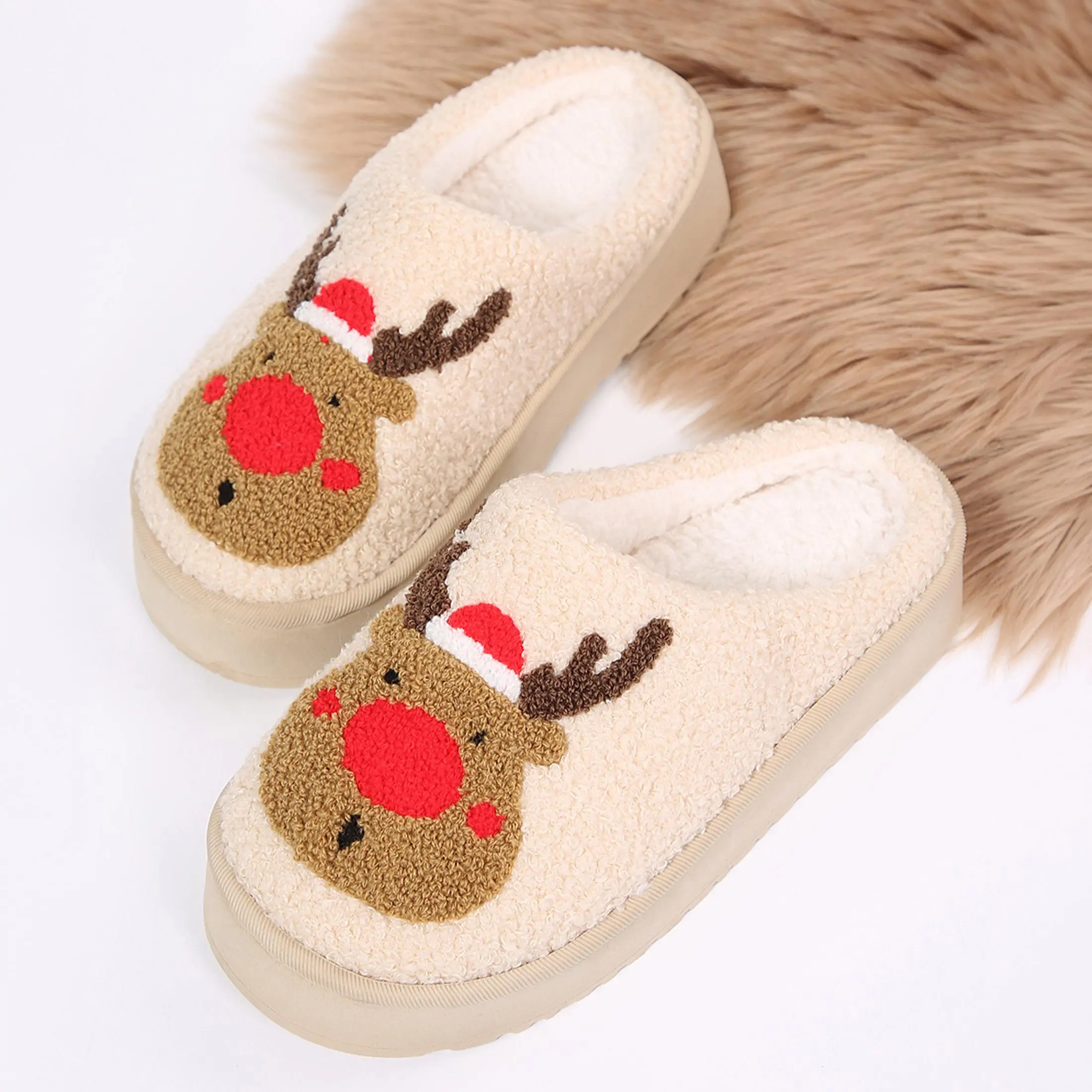 Women's Festive Reindeer Platform Slippers Fuzzy Warm House Shoes for Holiday Season