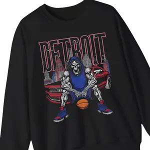 Detroit Basketball Skeleton Graphic Sweatshirt Vintage Pistons Crewneck, Vintage Graphic Tee, Unisex Cotton T-Shirt, Trendy Gift T-Shirt, Top Menswear Streetwear Womenswear