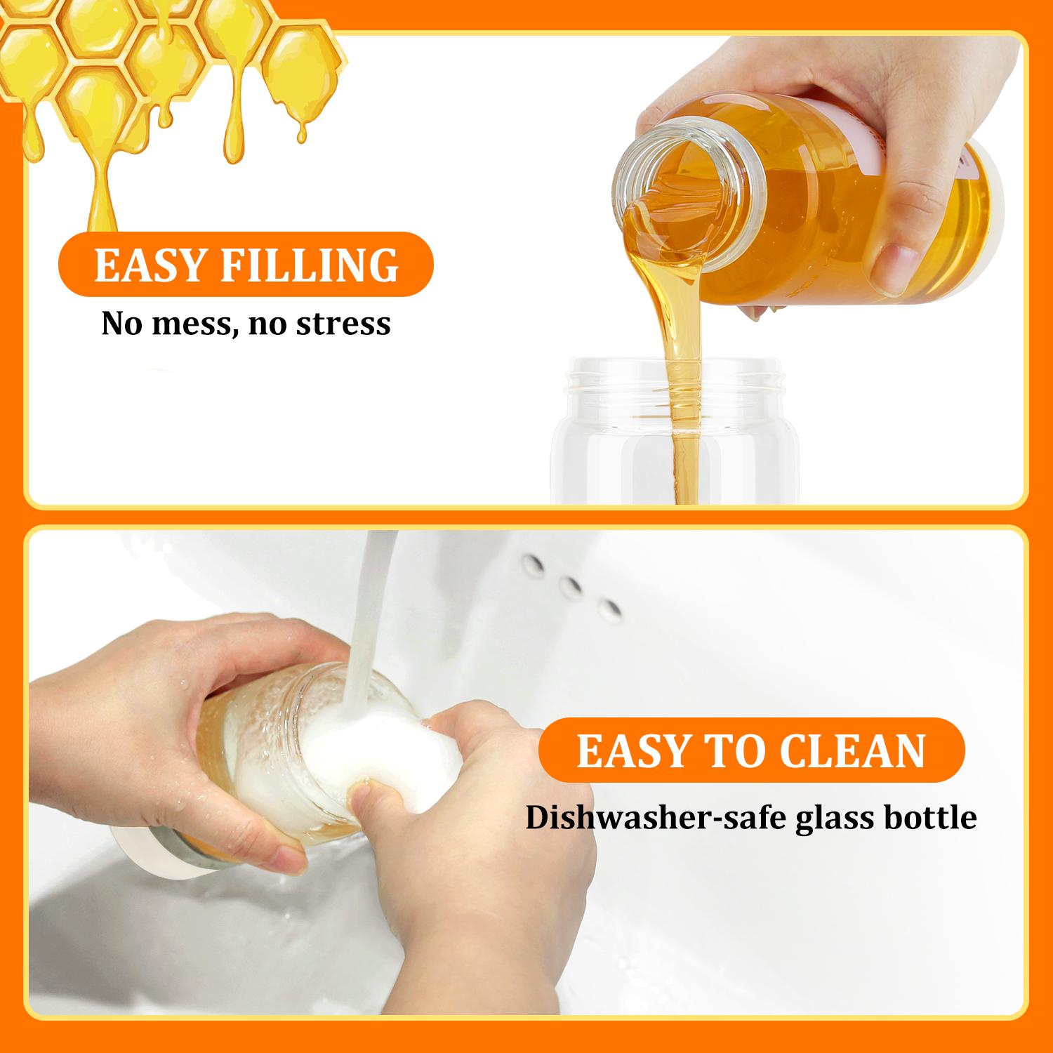 Aelga Glass Honey Dispenser kitchen items No Drip No Mess Leak-Free Design with Handle for Maple Syrup Maintains Freshness Easy to Clean Refill Perfect for Everyday Use