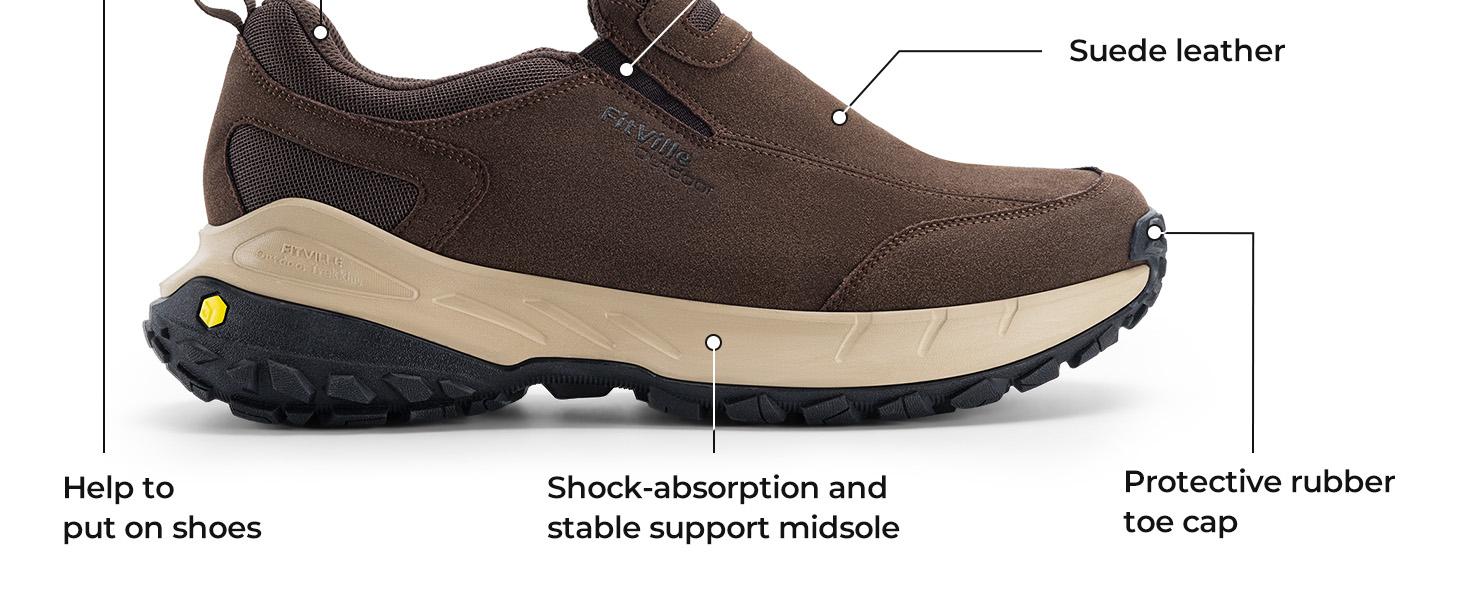 FitVille Men's Low-Top LugMax V3 Outdoor Slip-On PU Leather Shoes - Breathable, Lightweight Comfy Everyday, Non Slip Classic Comfort Rubber, Closed Design, Anti-Smashing, Jet Black Runner Walking Casual Sneakers Fathersdaygift, Breathable Outdoor Shoes
