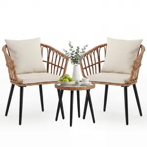 3 Pieces Outdoor Bistro Set, All-Weather PE Rattan Patio Furniture Set with Cushions, Steel Frame Table and Chairs for Balcony, Apartment, Porch