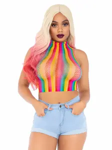 Women's High-Voltage Rainbow Fishnet Crop Top, Women's Lingerie Clothes with Soft Fabric for Bikini or Swimsuit Layering