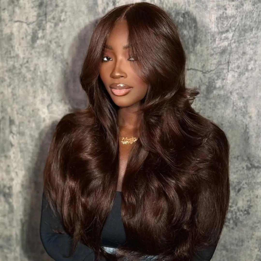 Mamushow 200% Density #4 Chocolate Brown & #1 Jet Black 13x6 Body Wave Full Lace Frontal Human Hair Wigs Wavy Natural Appearance Substantial Comfortable Fit