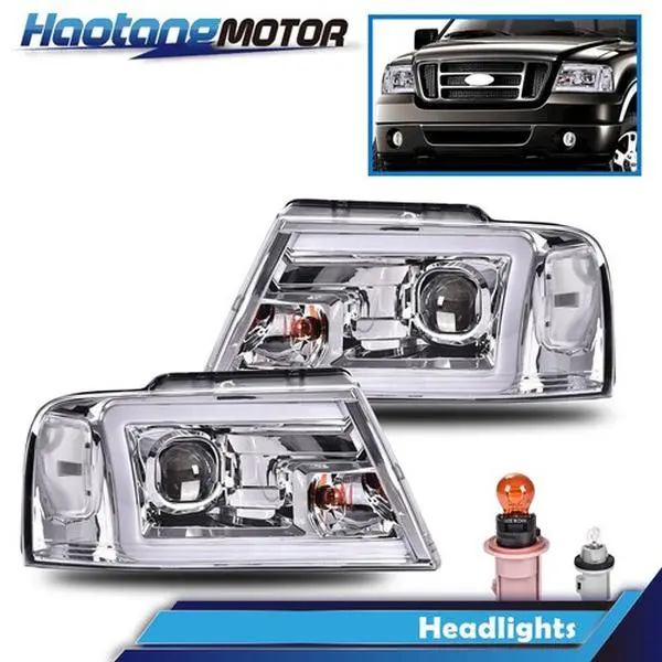 CROSSDESIGN LED DRL Projector Headlights Pair Set - White LED Light, Amber Reflective, Smoke Lens, Plug-and-Play for 04-08 Ford F-150, Lincoln Mark LT, Car Exterior Upgrade, Night Road Clarity, Car Lighting
