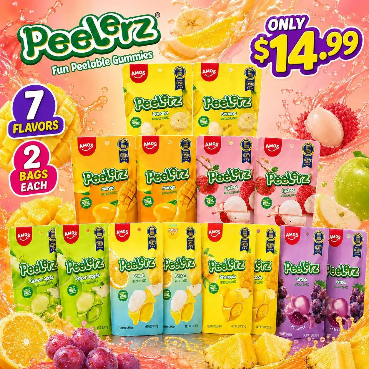 AMOS Peelerz Gummy Candy Variety Pack, 7 Fruity Flavors, Peelable Gummies, Banana Mango Lychee Apple Lemon Pineapple Grape, 14 Bags