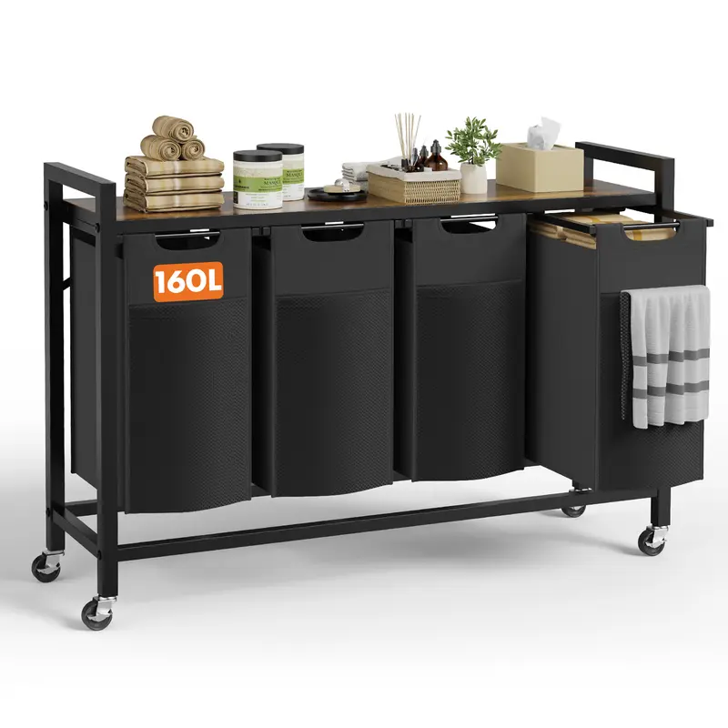 Laundry Hamper with 4 Pull-Out Removable Sorter Bags, Movable Wheels, Freestanding Clothes Basket Organizer in Bathroom, 4 × 10.6Gal (160L) Capacity