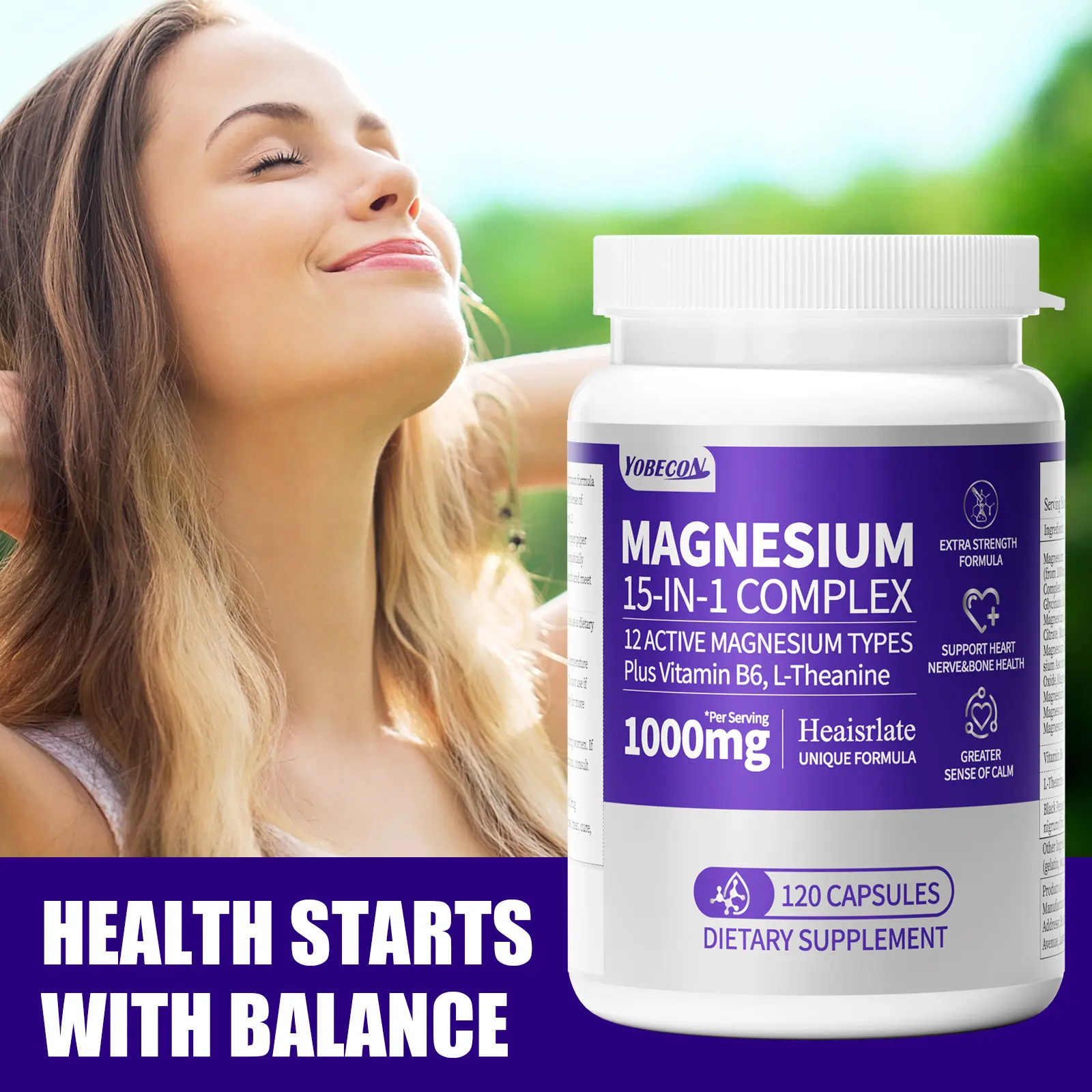 Heaisrlate[15 In 1 Magnesium Gycinate] 1000MG Magnesium Complex WIth Citrate, Malate, Carbonate, Taurate, Oxide, Easily Absorbable Calm Magnesium Supplements Support Bone, Joint, Heart & Sleep Health, Relaxation, Gluten Free, 120 Capsules