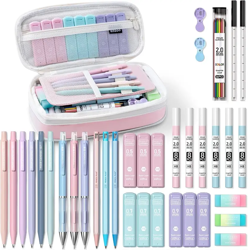 Four Candies 36PCS Aesthetic School Supplies, Mechanical Pencils 0.5mm, 0.7mm, 0.9mm & 2.0mm with 624PCS Lead Refills, Cute Mechanical Pencils for Writing, Drawing & Drafting,girly office supplies,cute school supplies, Stationery Set Student Essentials