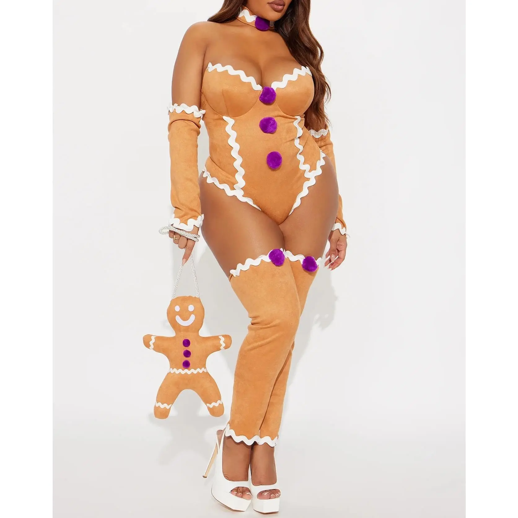Women Gingerbread Man 4 Piece Costume Set Corset Style Bodysuit with Matching Arm Sleeves Leg Wraps Neck Ring for Party Cosplay（Bag not included）