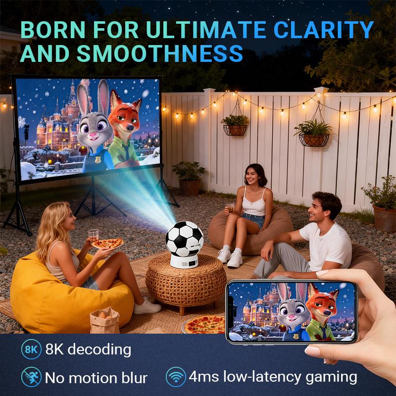 Soccer Shaped 4K Projector, Portable Mini Projector for Outdoor Movies, Home Theater, & Gaming | Android TV, HD Supported, USB/HDMI Compatible | Great Gift for Sports Fans Soccer Shaped 4K Projector, Portable Mini Projector for Outdoor Movies, Home Theater, & Gaming | Android TV, HD Supported, USB/HDMI Compatible | Great Gift for Sports Fans